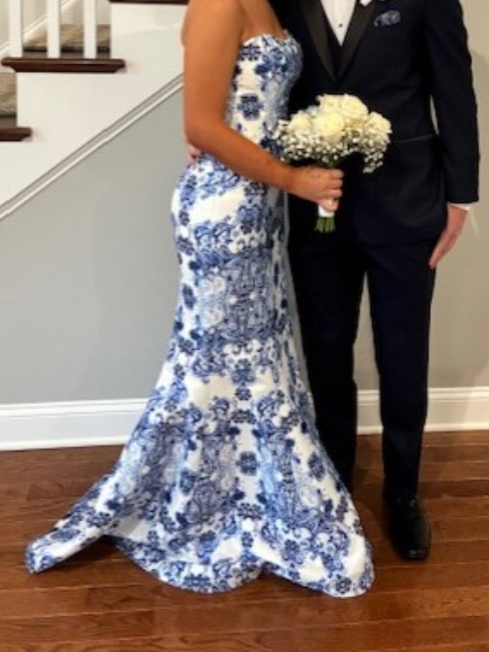 Prom Dress: Strapless Blue and White Floral - Picture 6 of 7